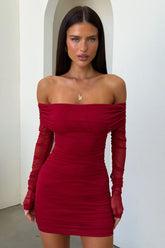 Catriona Long Sleeve Mesh Mini Dress - Red