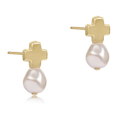Signature Cross Gold Studs - Classic Pearl