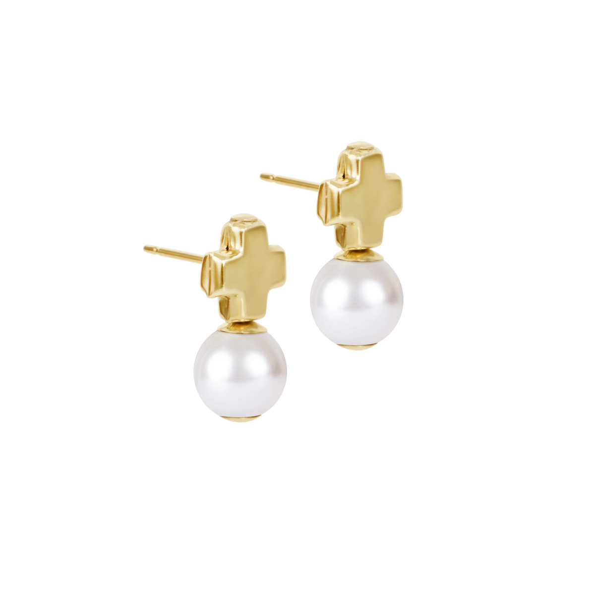 Signature Cross Small Gold Studs - Classic Pearl