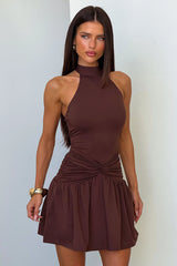 Kallie High Neck Mini Dress - Brown